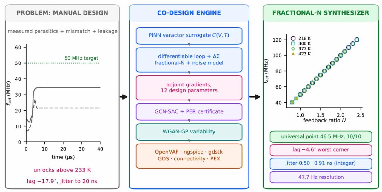 Three panels: manual GaN PLL design failing to reach its 50 MHz target, the co-design engine combining a PINN varactor surrogate with adjoint gradients and reinforcement learning, and the resulting fractional-N synthesizer locking across 218 to 423 kelvin.