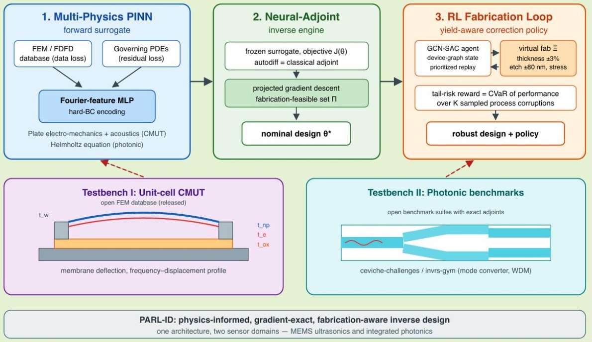 PARL-ID three-stage architecture: a multi-physics physics-informed neural network forward surrogate, a neural-adjoint inverse engine, and a reinforcement-learning fabrication loop, validated on a unit-cell CMUT testbench and photonic benchmarks.